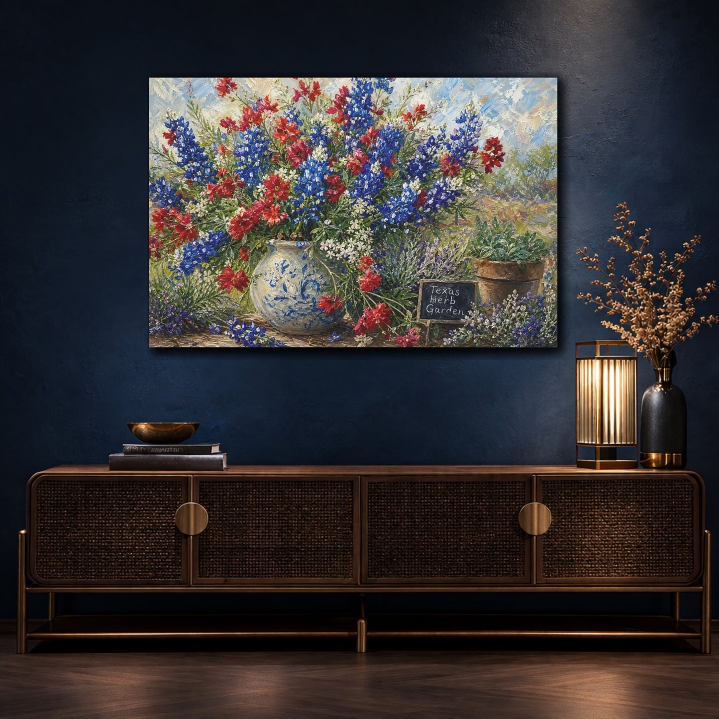 Mockup 4. Floral Wildflower Bouquet Blue And Red Flowers shown as stretched canvas wall art