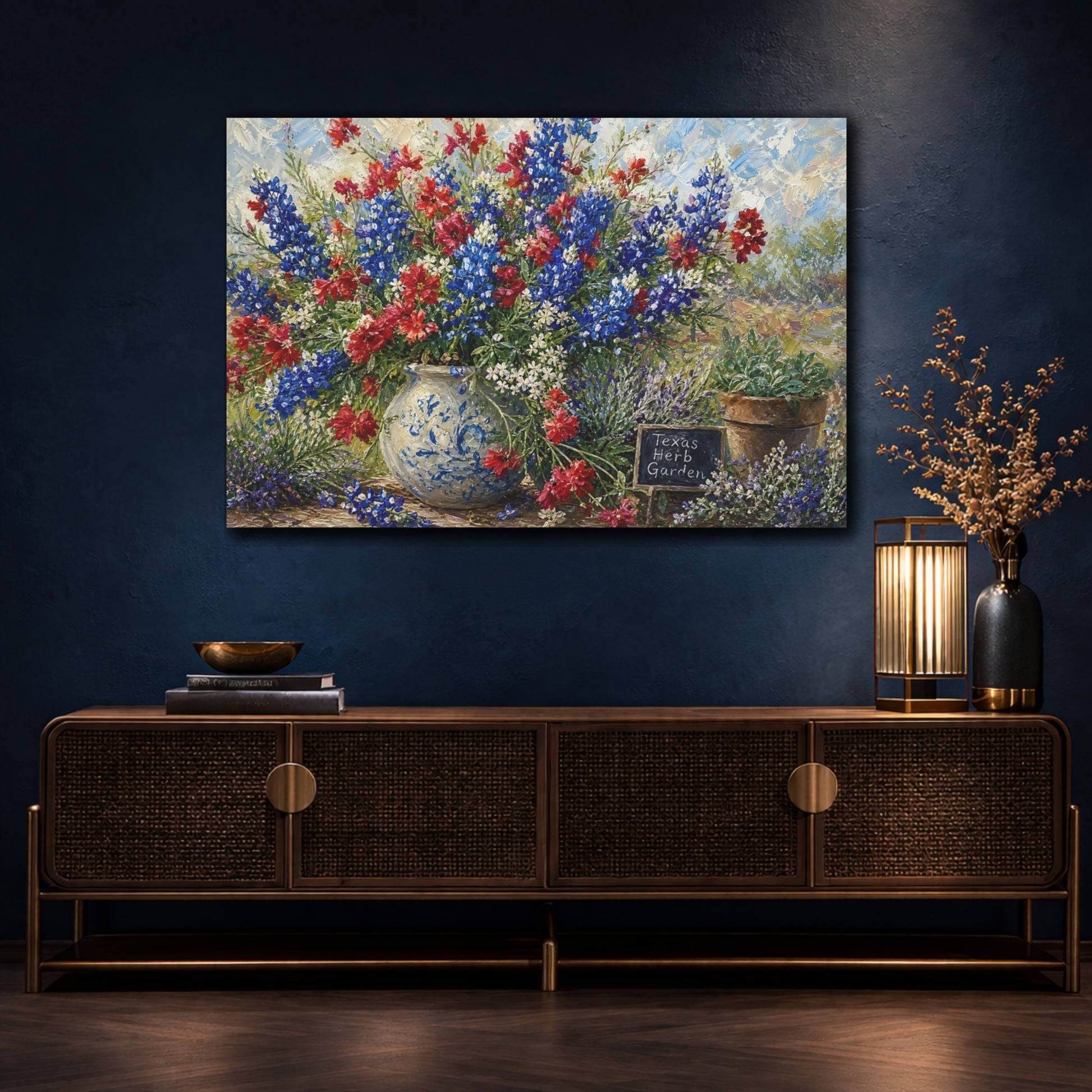 Mockup 4. Floral Wildflower Bouquet Blue And Red Flowers shown as stretched canvas wall art