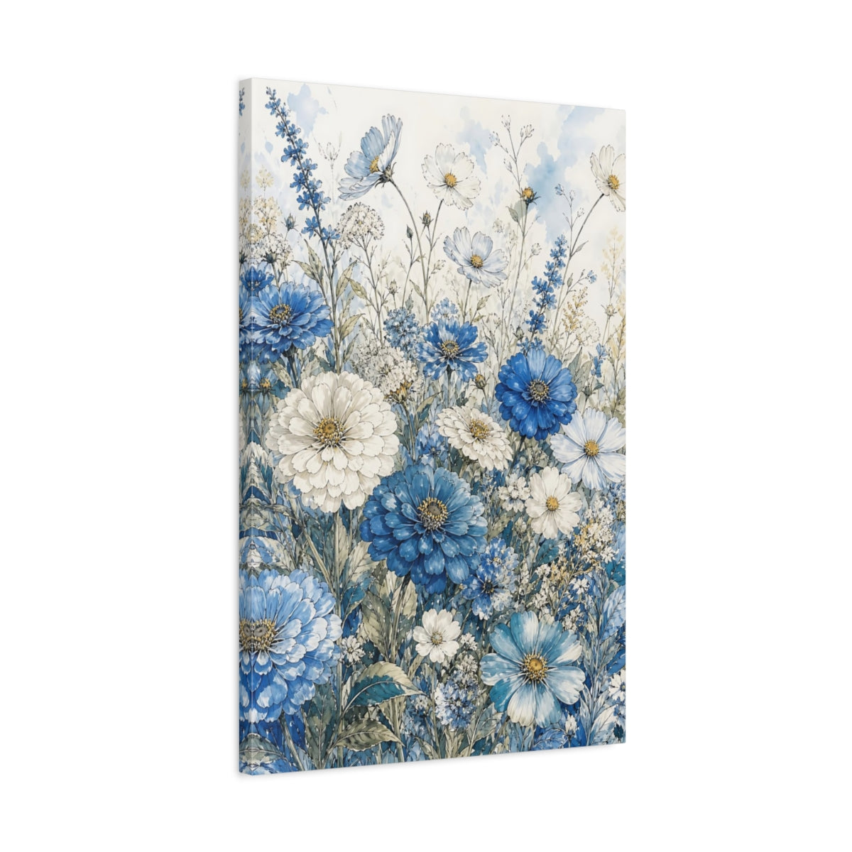 Side Mockup 2. Floral Wildflowers Blue And White Floral shown as stretched canvas wall art