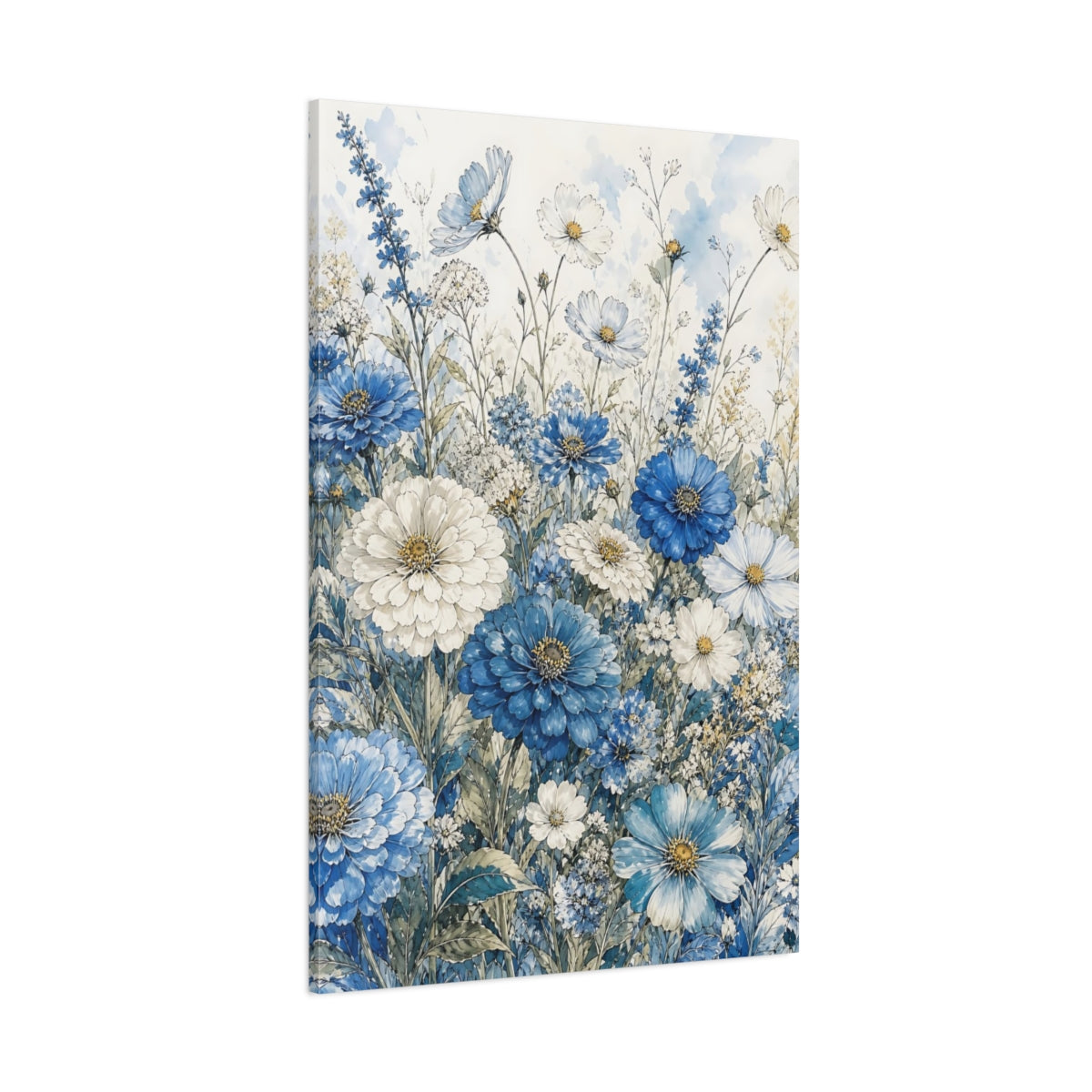 Side Mockup 1. Floral Wildflowers Blue And White Floral shown as stretched canvas wall art