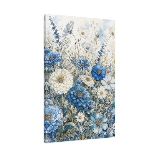 Main Mockup. Floral Wildflowers Blue And White Floral shown as stretched canvas wall art