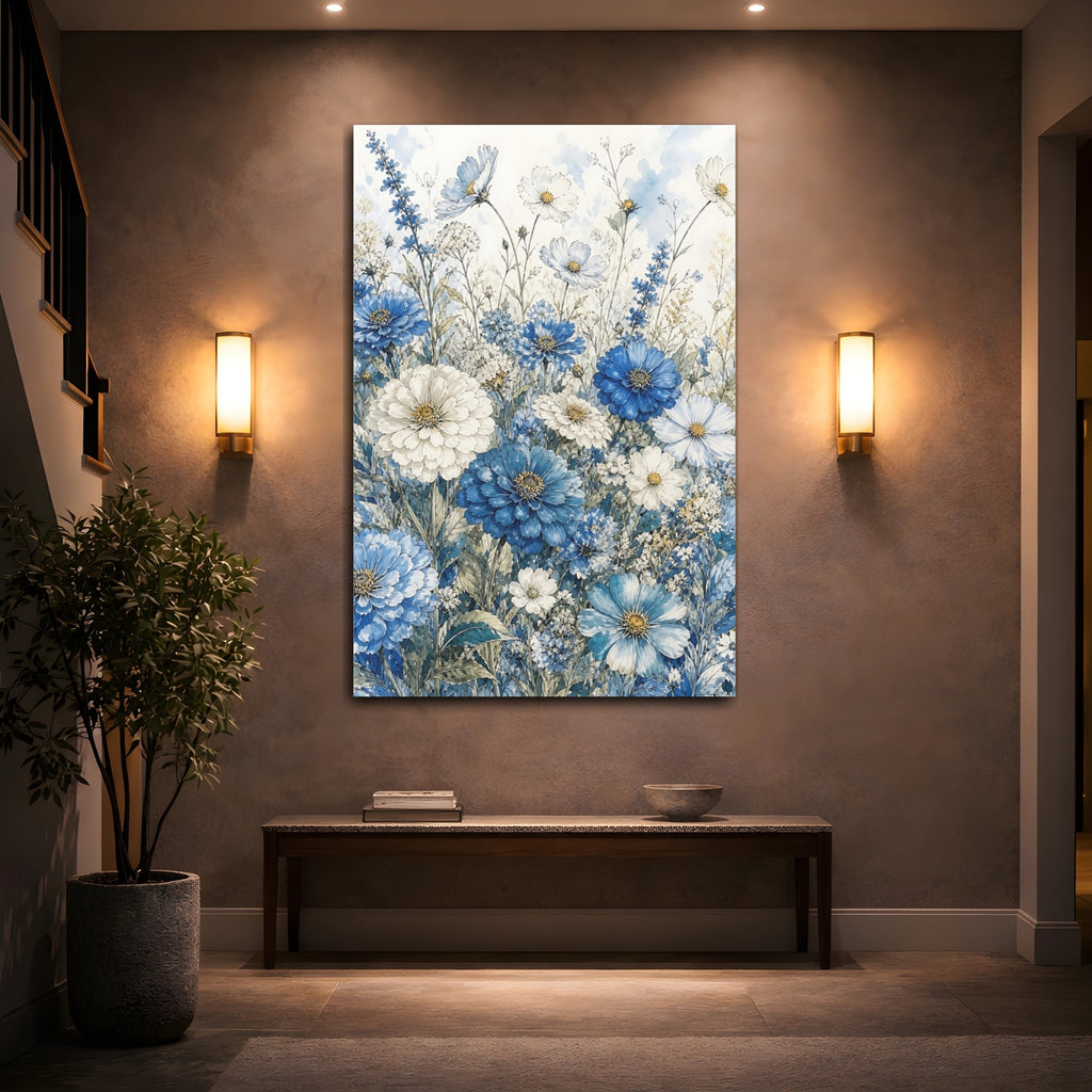 Mockup 2. Floral Wildflowers Blue And White Floral shown as stretched canvas wall art