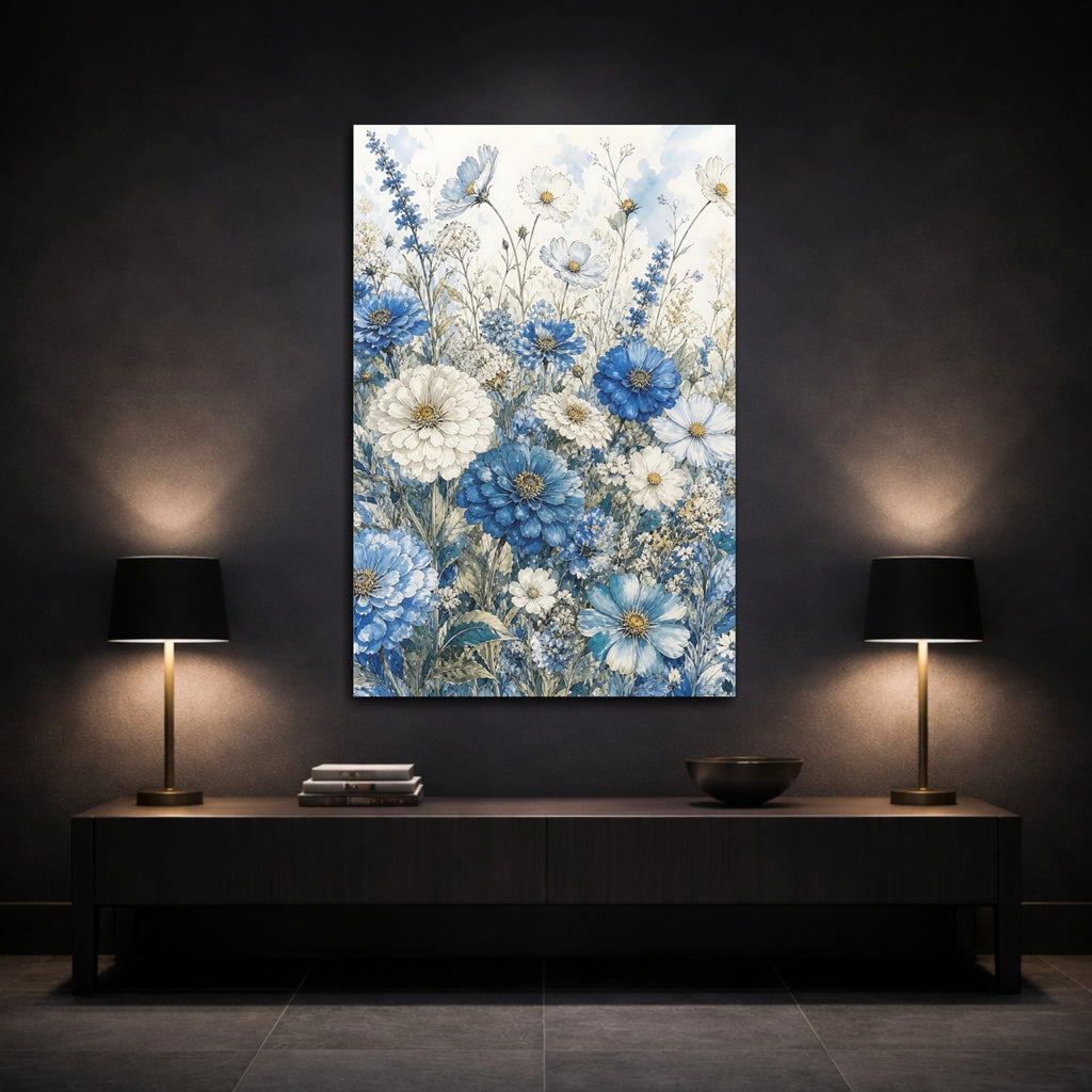 Mockup 3. Floral Wildflowers Blue And White Floral shown as stretched canvas wall art