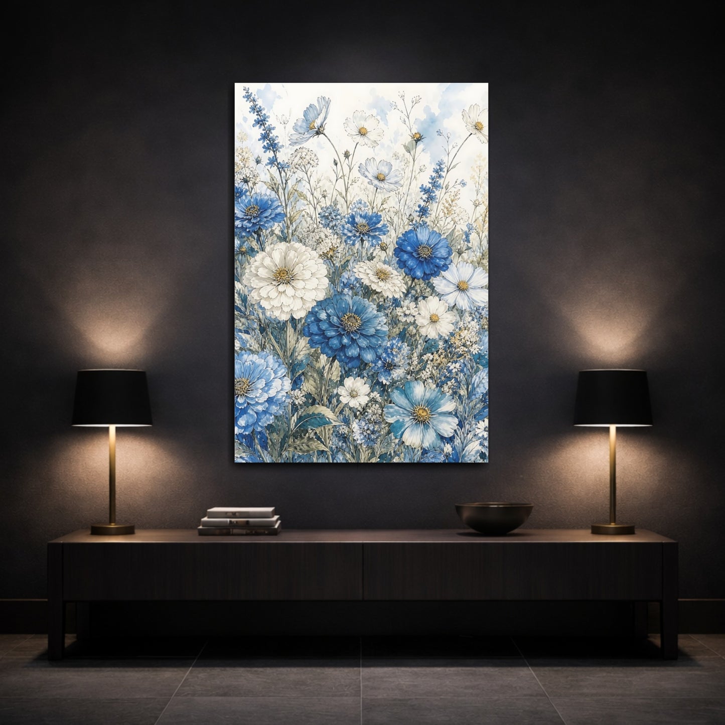 Mockup 3. Floral Wildflowers Blue And White Floral shown as stretched canvas wall art