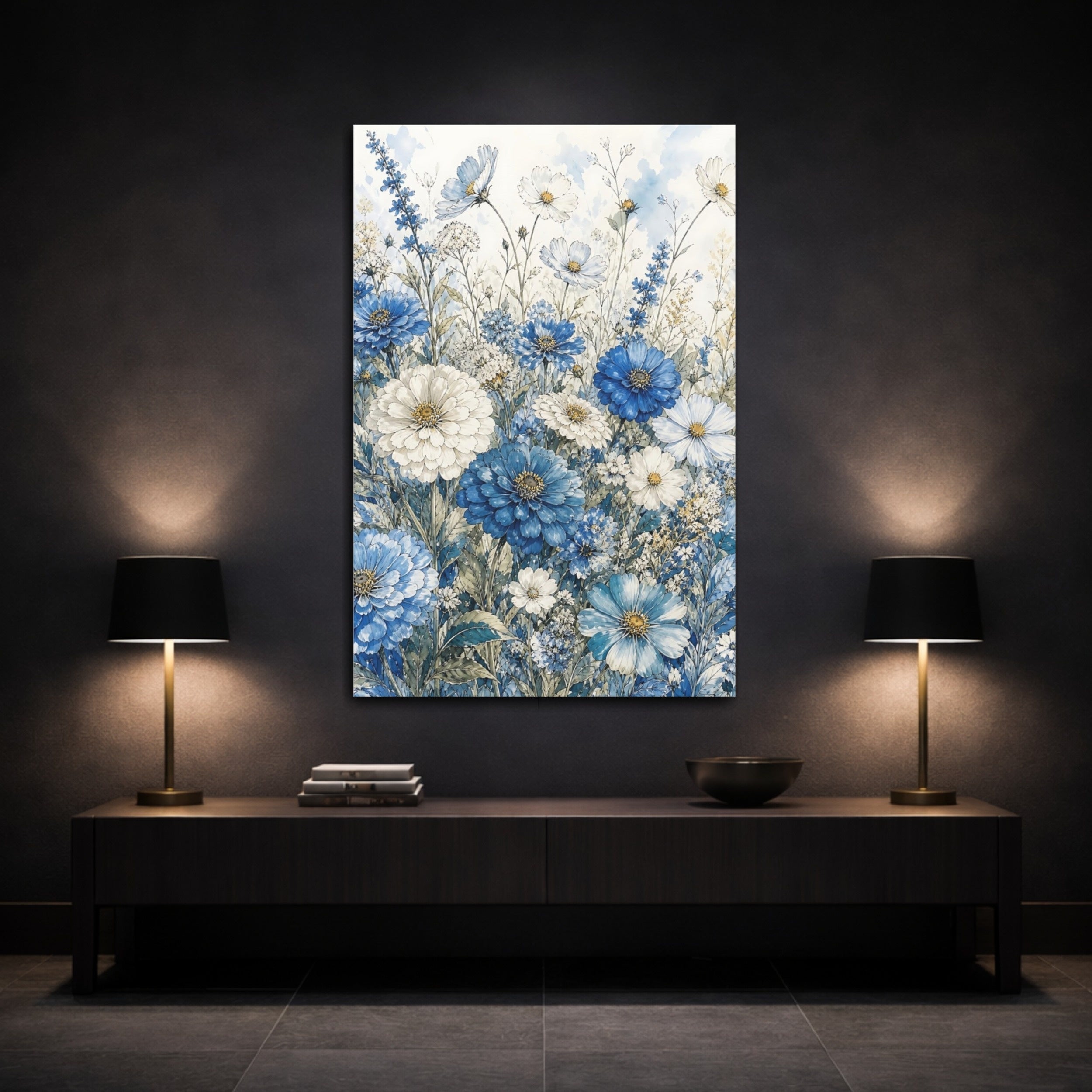 Mockup 3. Floral Wildflowers Blue And White Floral shown as stretched canvas wall art