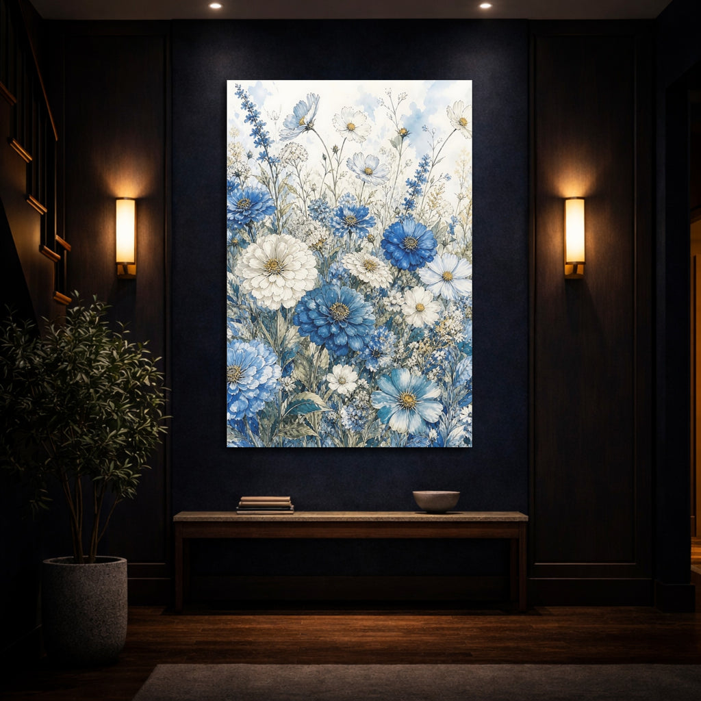 Mockup 4. Floral Wildflowers Blue And White Floral shown as stretched canvas wall art