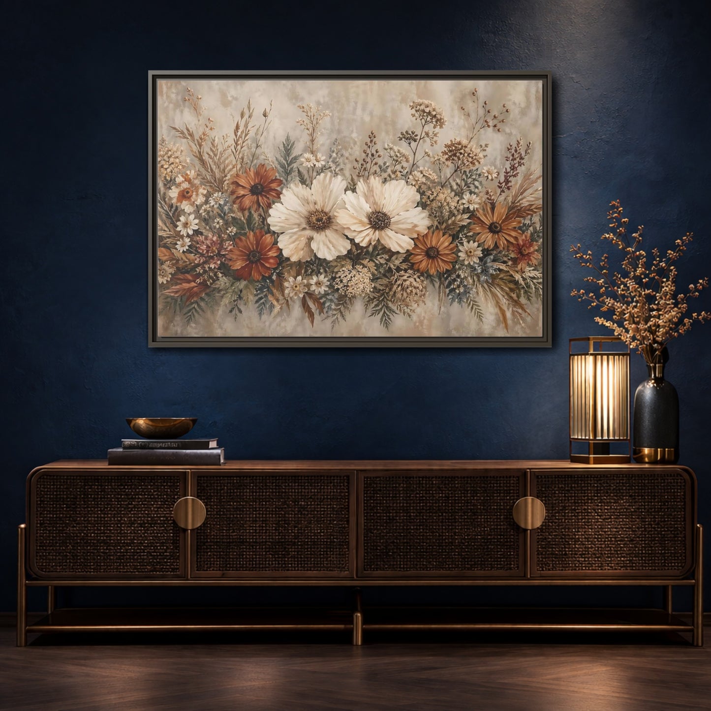 Mockup 4. Floral Wildflowers Boho Floral shown as stretched canvas wall art