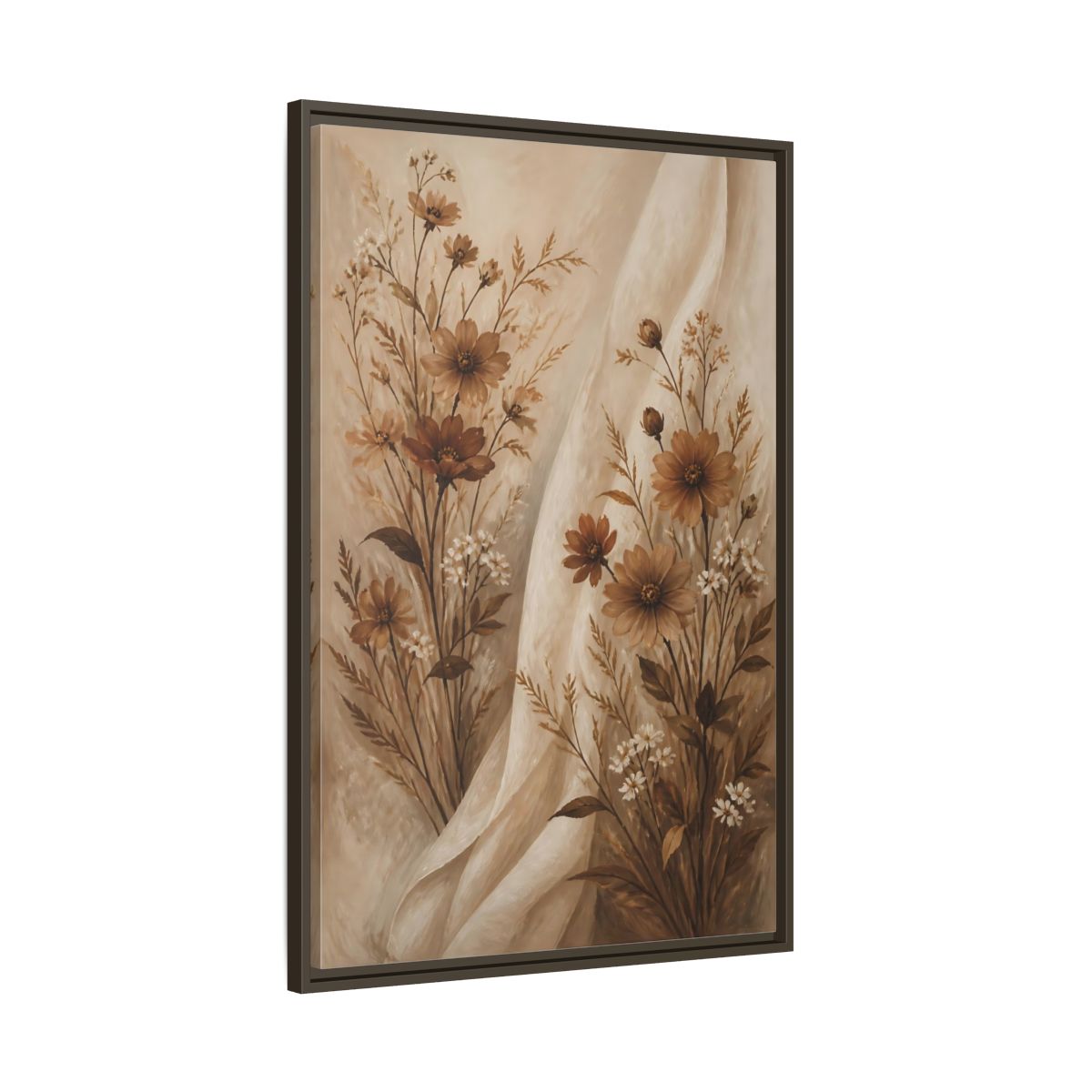 Main Mockup. Floral Wildflowers Brown And White Floral shown as stretched canvas wall art