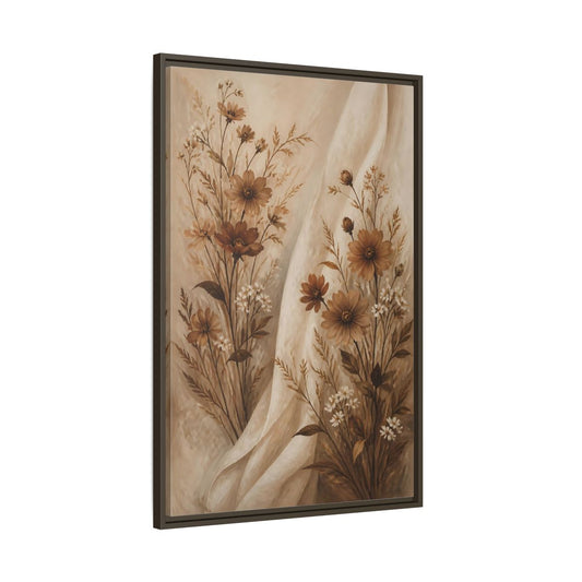 Main Mockup. Floral Wildflowers Brown And White Floral shown as stretched canvas wall art