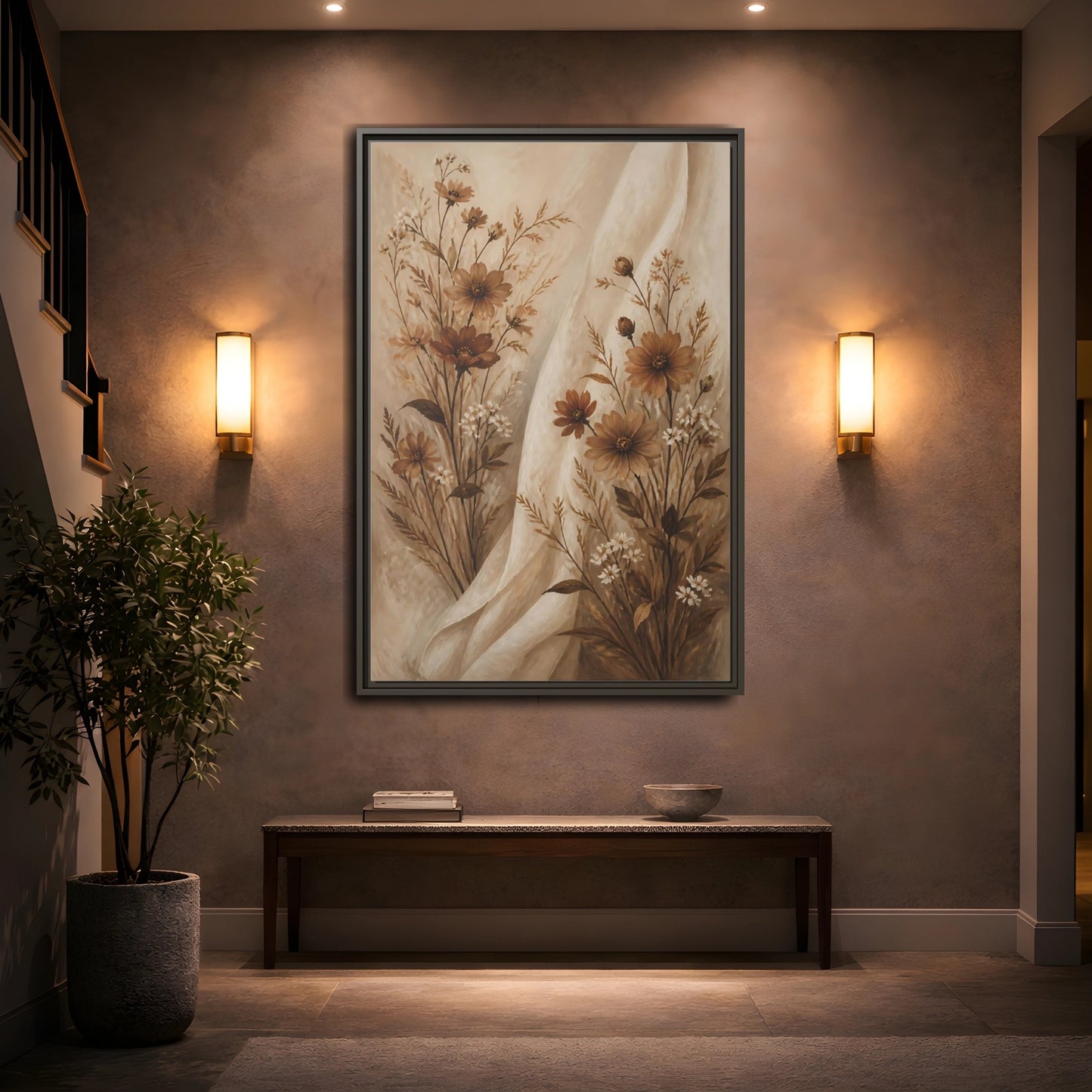 Mockup 2. Floral Wildflowers Brown And White Floral shown as stretched canvas wall art