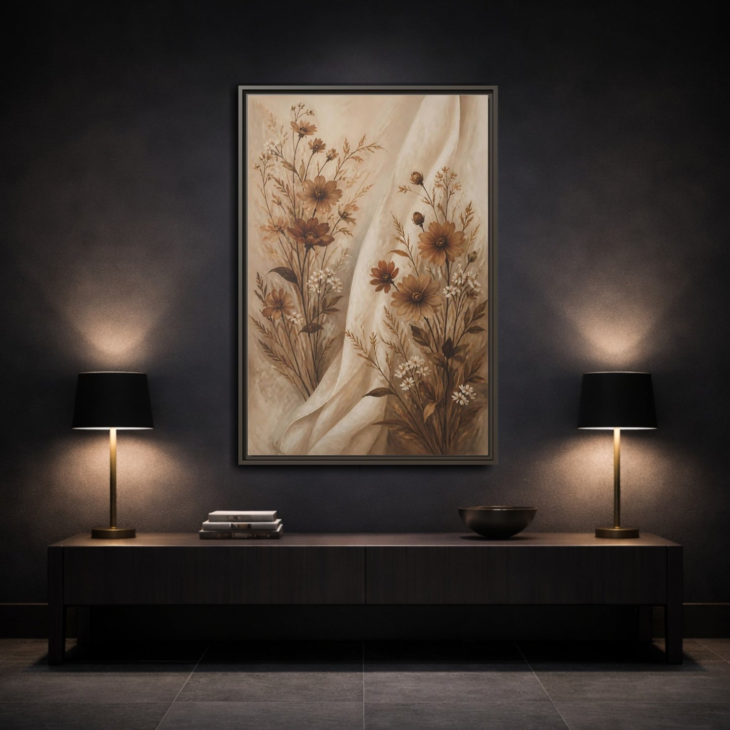 Mockup 3. Floral Wildflowers Brown And White Floral shown as stretched canvas wall art