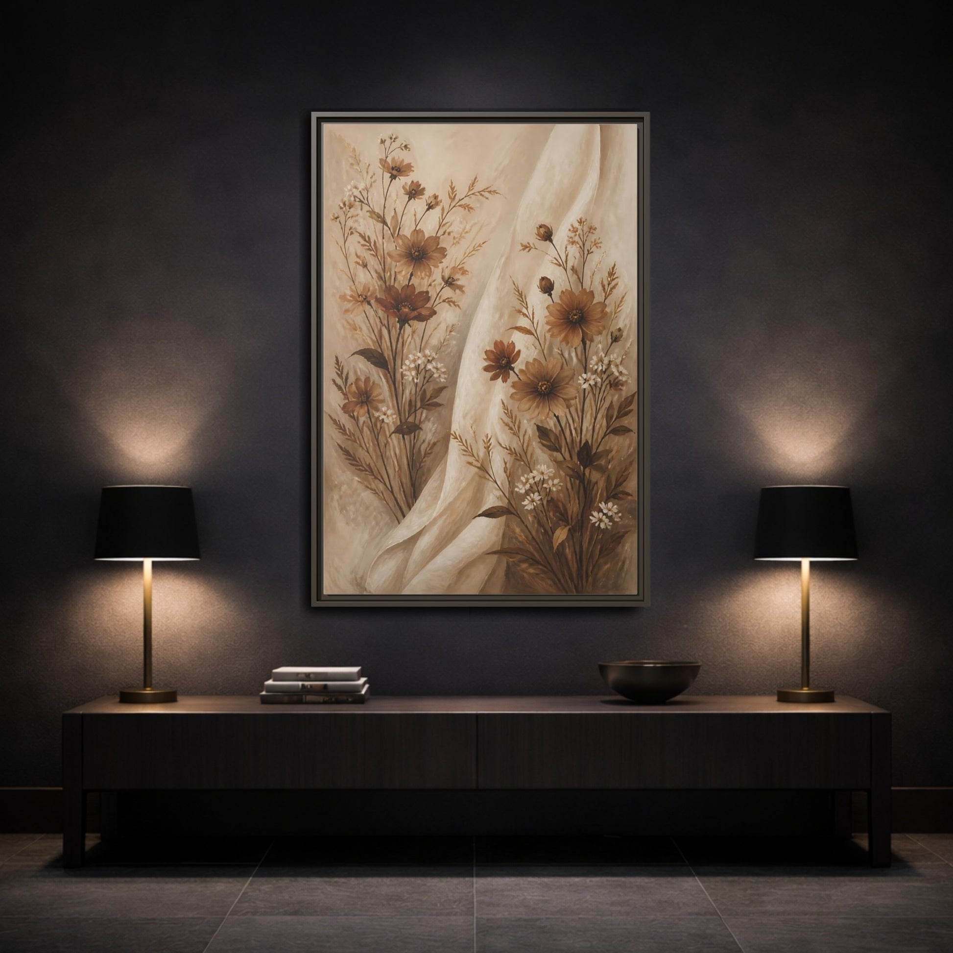Mockup 3. Floral Wildflowers Brown And White Floral shown as stretched canvas wall art