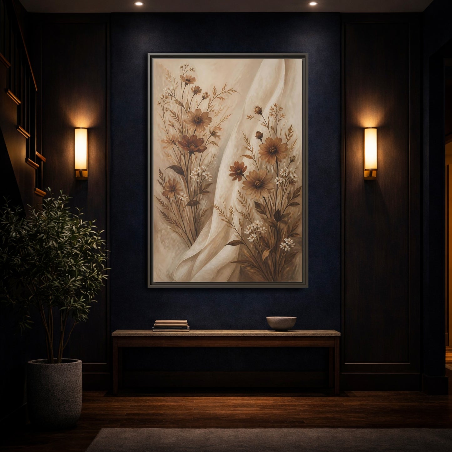 Mockup 4. Floral Wildflowers Brown And White Floral shown as stretched canvas wall art