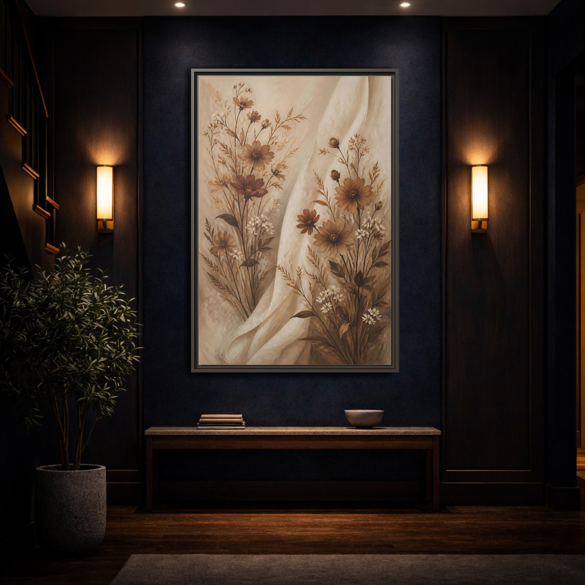 Mockup 4. Floral Wildflowers Brown And White Floral shown as stretched canvas wall art