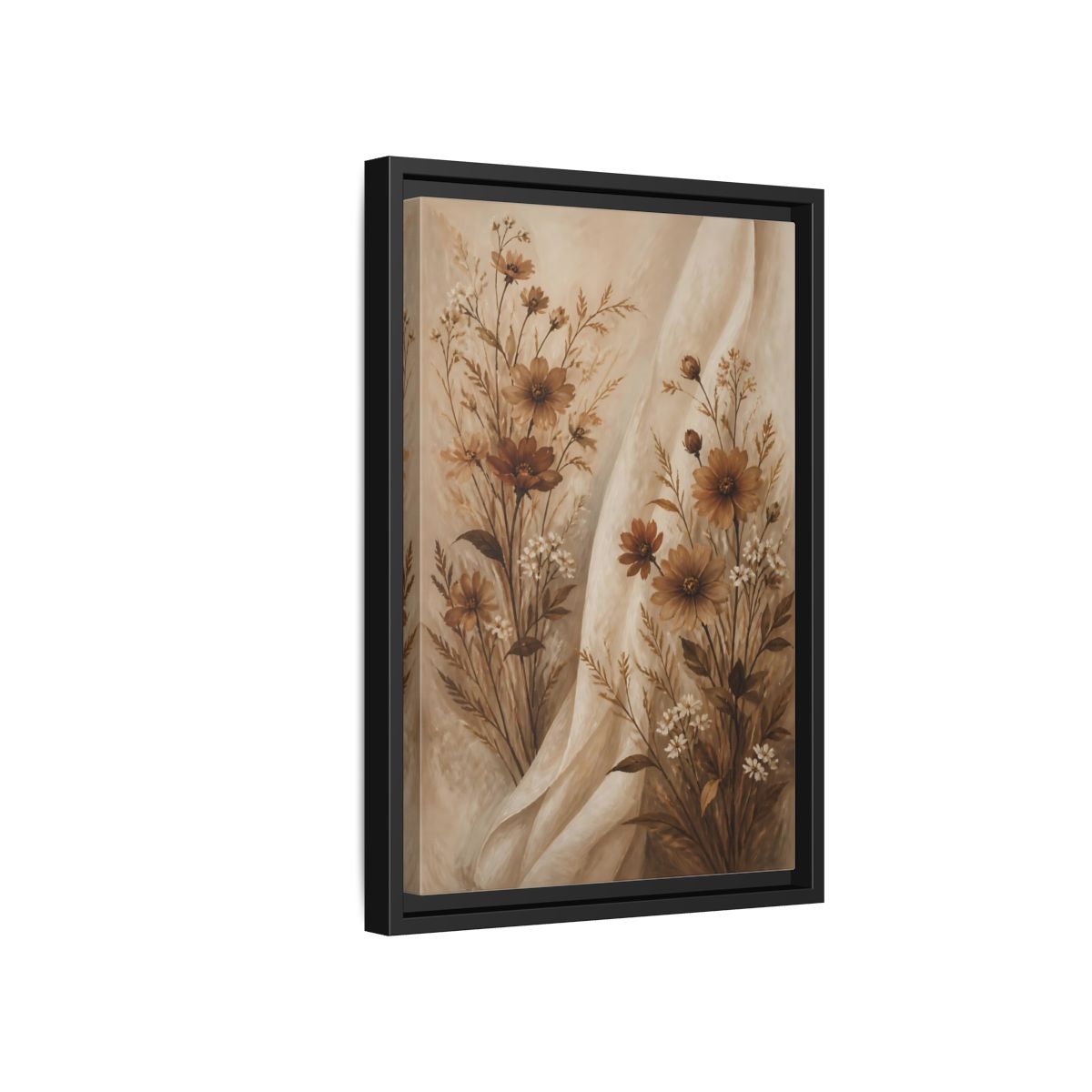 Side Mockup 6. Floral Wildflowers Brown And White Floral shown as stretched canvas wall art