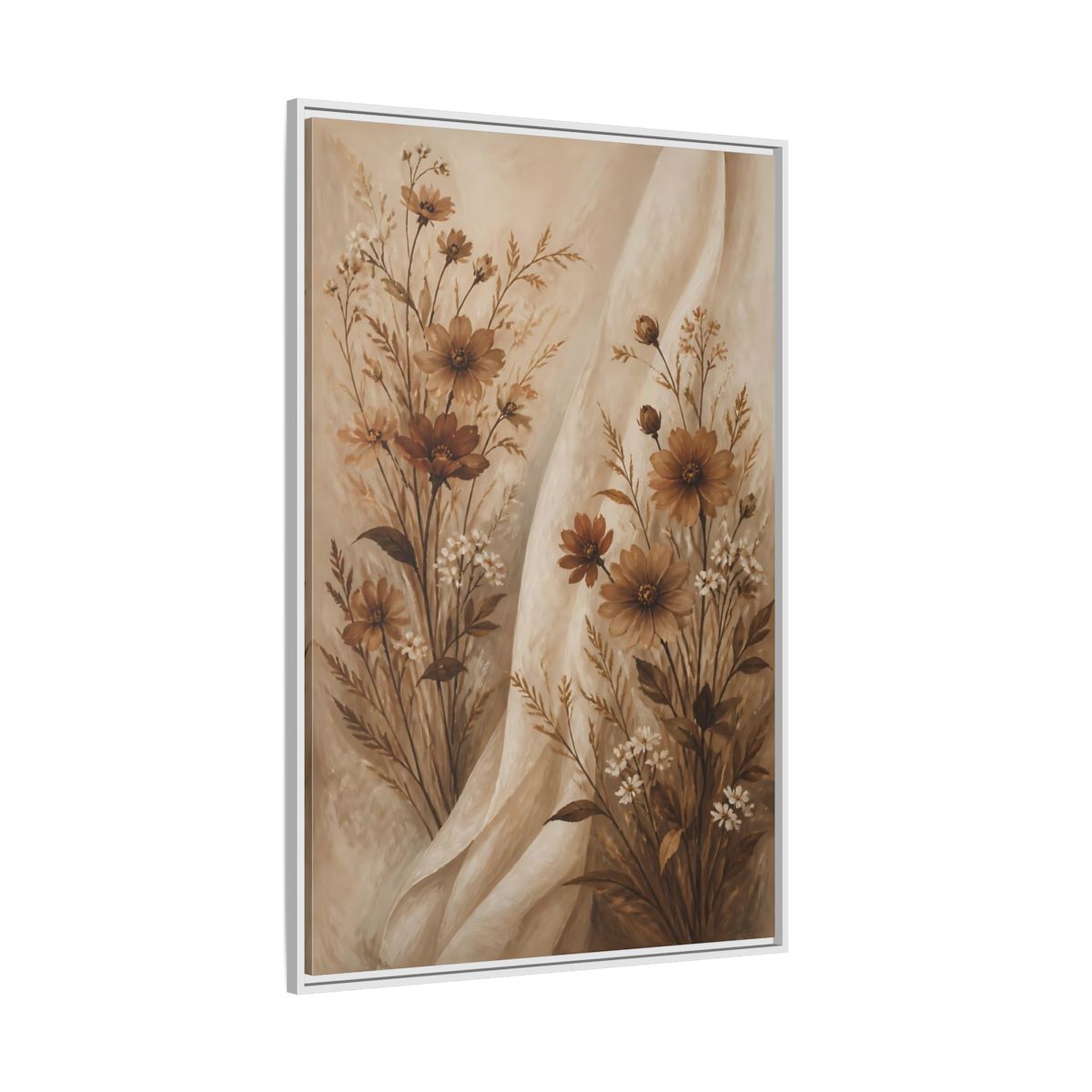 Side Mockup 7. Floral Wildflowers Brown And White Floral shown as stretched canvas wall art