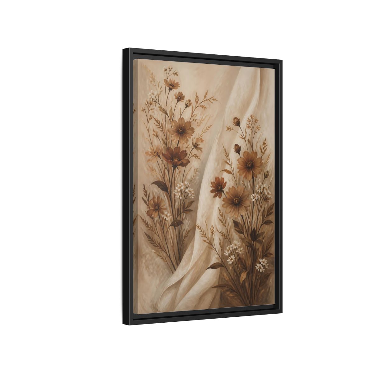 Side Mockup 3. Floral Wildflowers Brown And White Floral shown as stretched canvas wall art