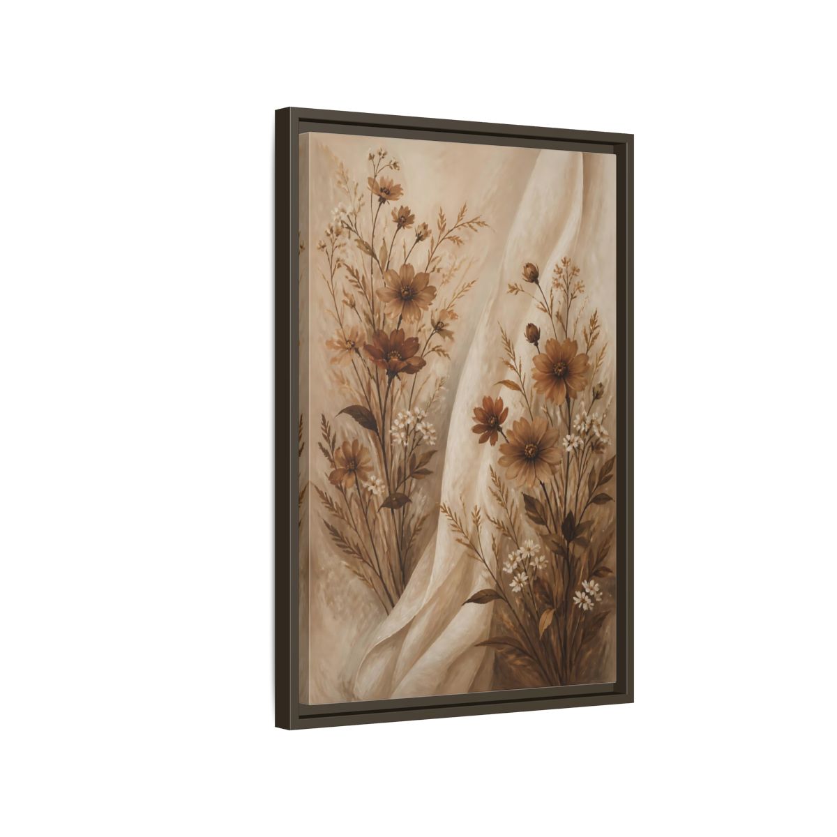 Side Mockup 2. Floral Wildflowers Brown And White Floral shown as stretched canvas wall art