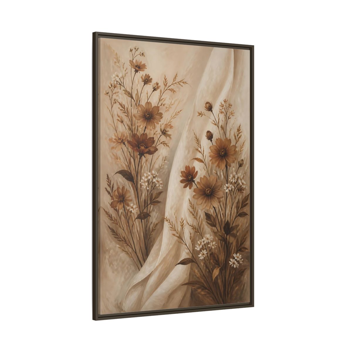 Side Mockup 8. Floral Wildflowers Brown And White Floral shown as stretched canvas wall art