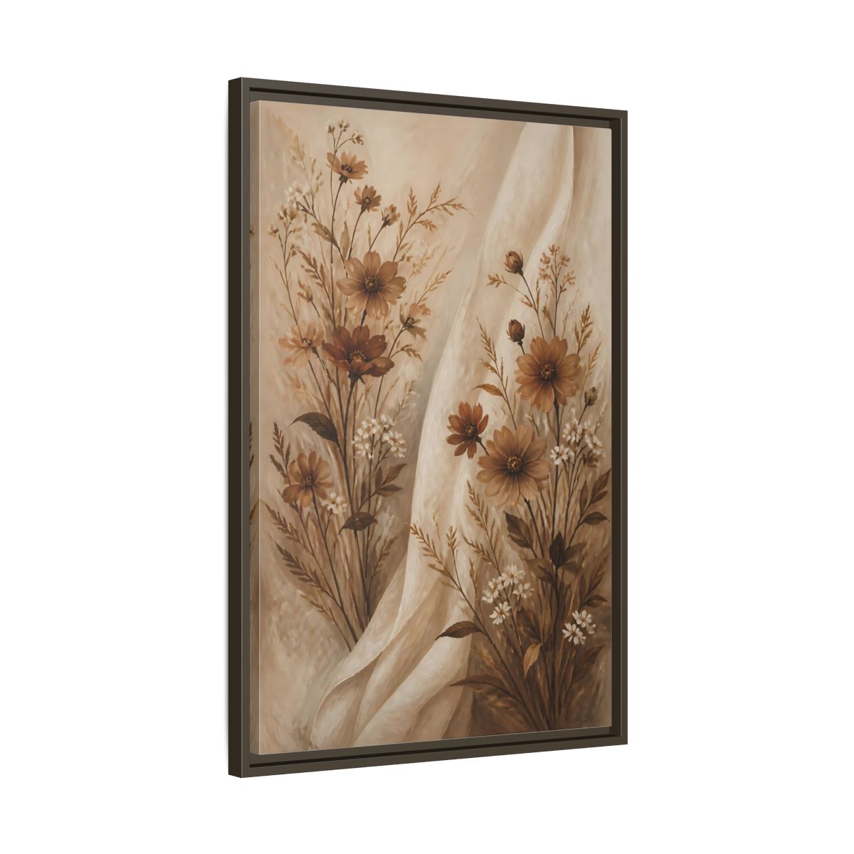 Side Mockup 11. Floral Wildflowers Brown And White Floral shown as stretched canvas wall art