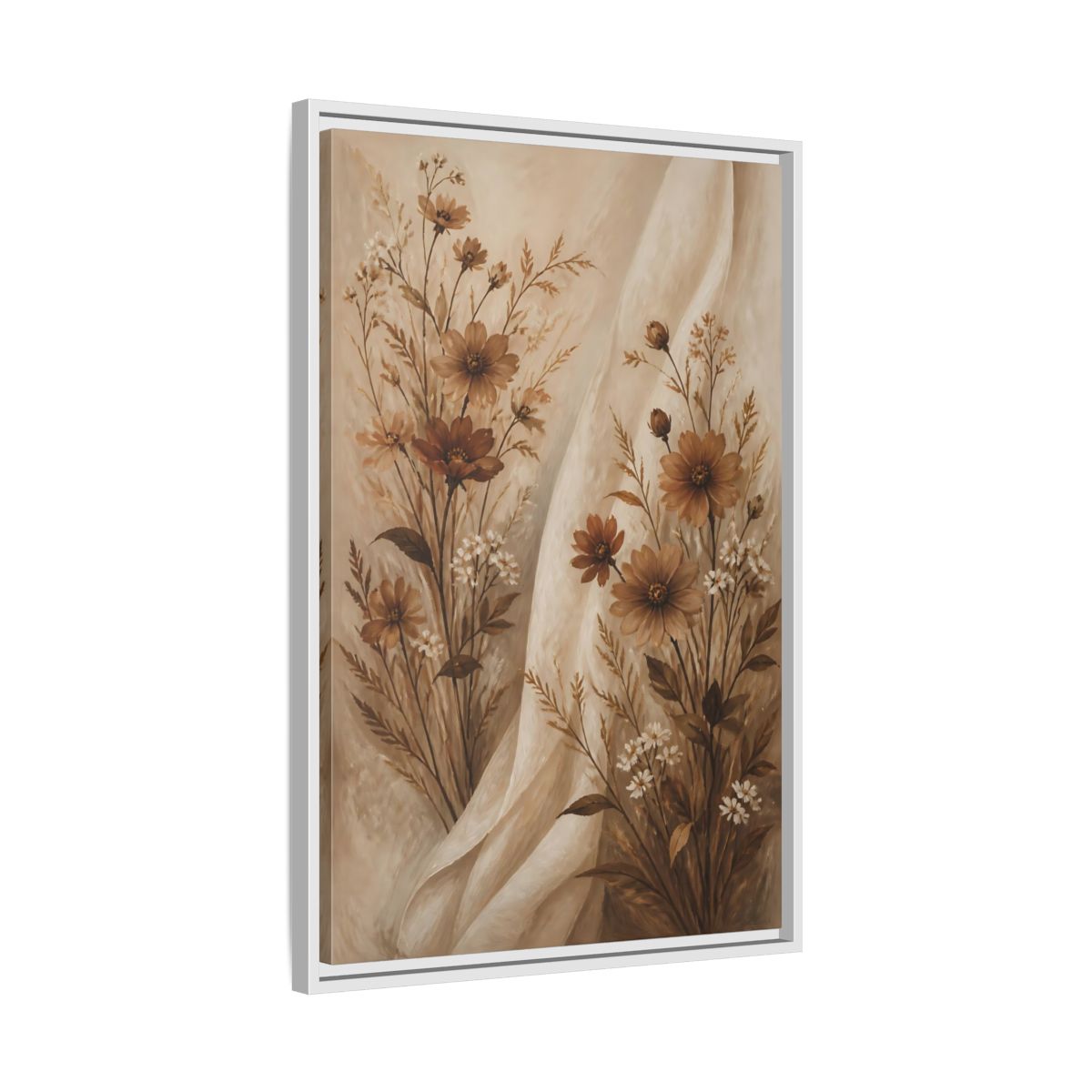 Side Mockup 10. Floral Wildflowers Brown And White Floral shown as stretched canvas wall art