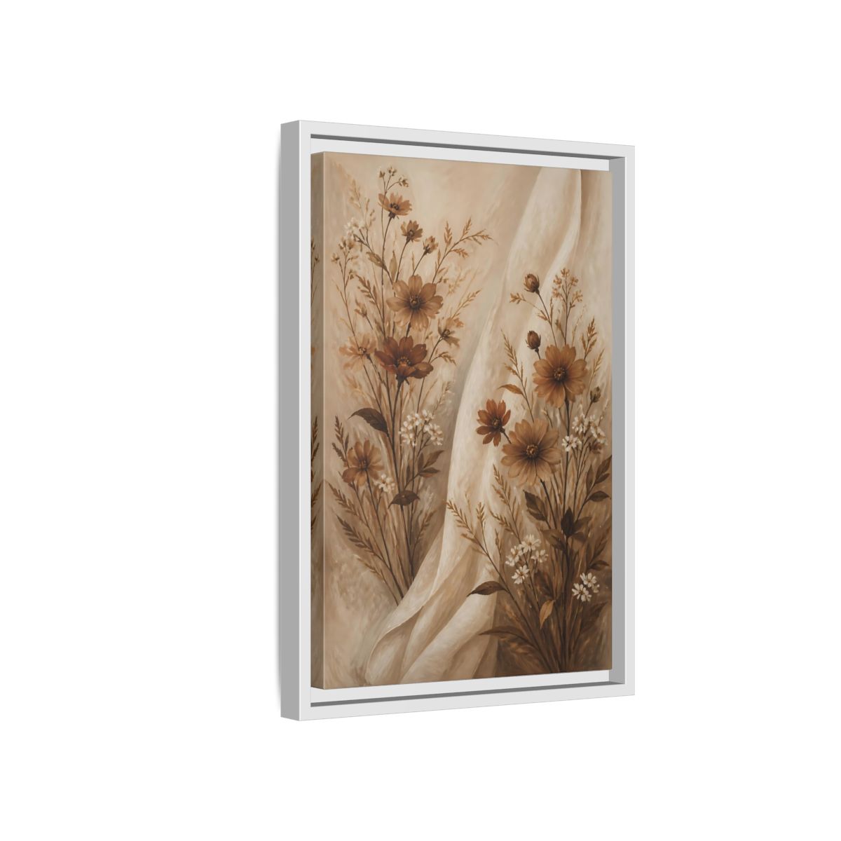 Side Mockup 4. Floral Wildflowers Brown And White Floral shown as stretched canvas wall art