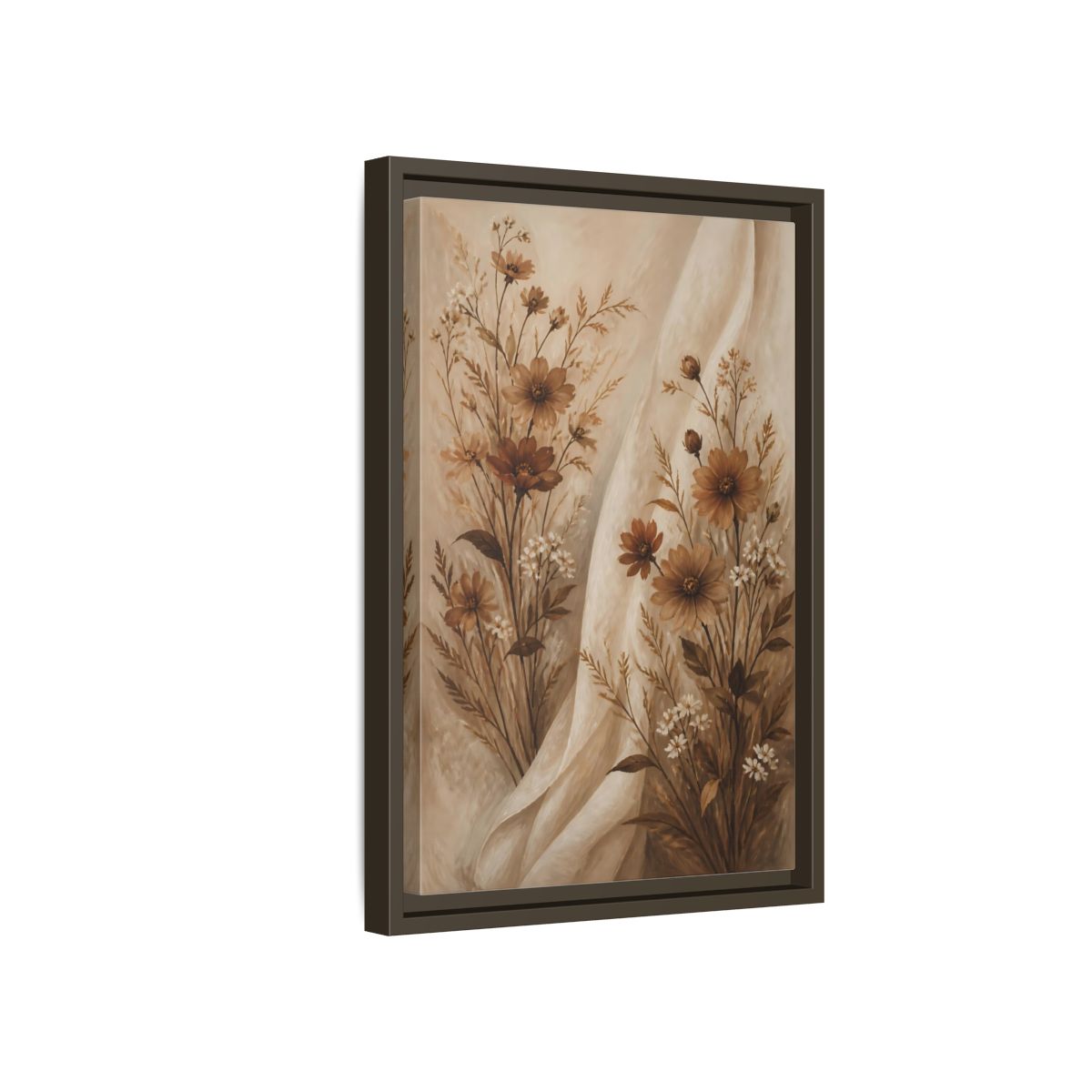 Side Mockup 5. Floral Wildflowers Brown And White Floral shown as stretched canvas wall art