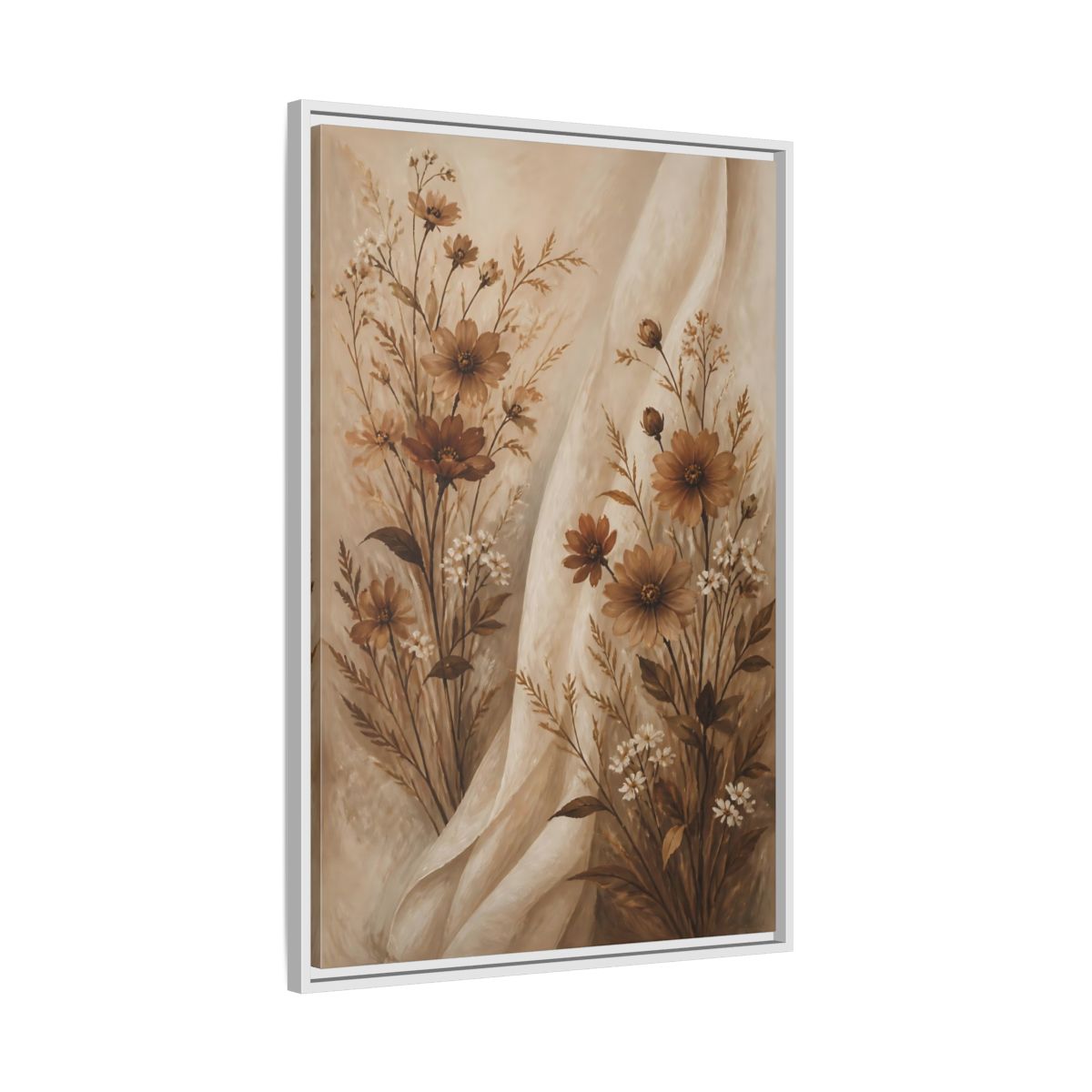 Side Mockup 9. Floral Wildflowers Brown And White Floral shown as stretched canvas wall art