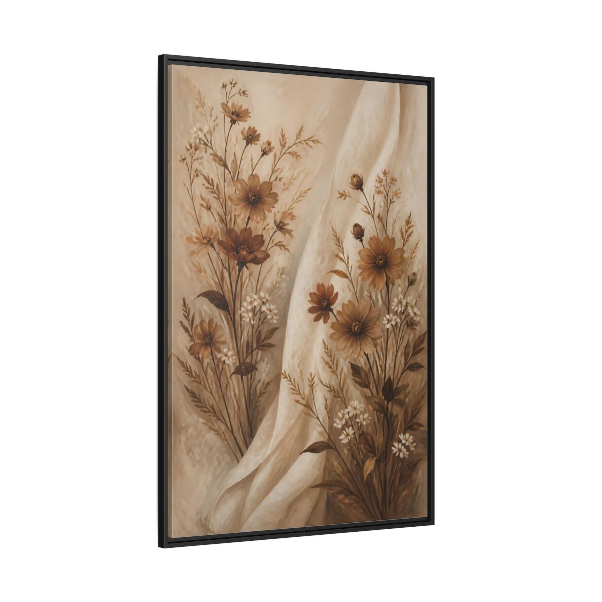 Side Mockup 12. Floral Wildflowers Brown And White Floral shown as stretched canvas wall art