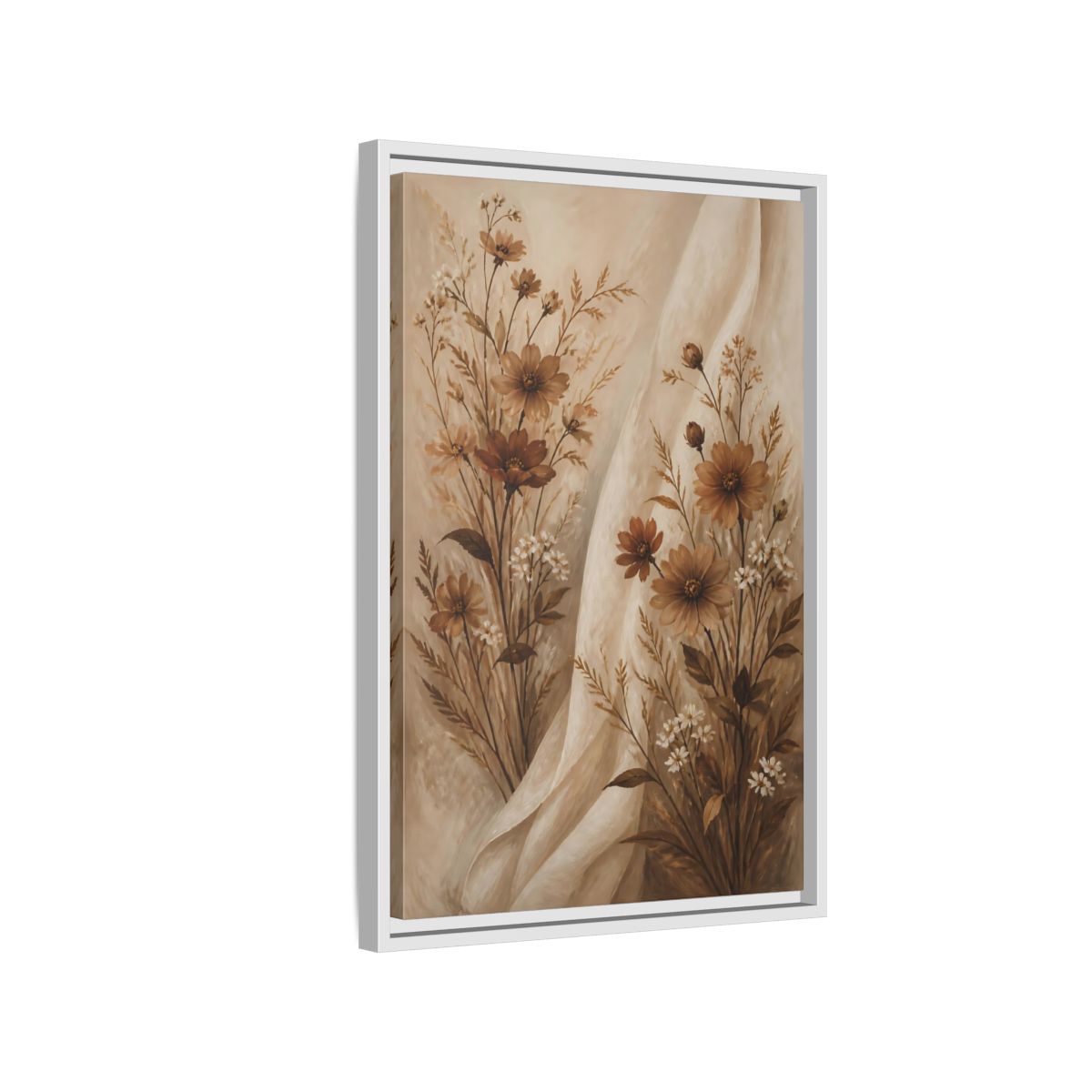 Side Mockup 1. Floral Wildflowers Brown And White Floral shown as stretched canvas wall art