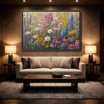 Mockup 2. Floral Wildflowers Colorful Wildflower Field shown as stretched canvas wall art