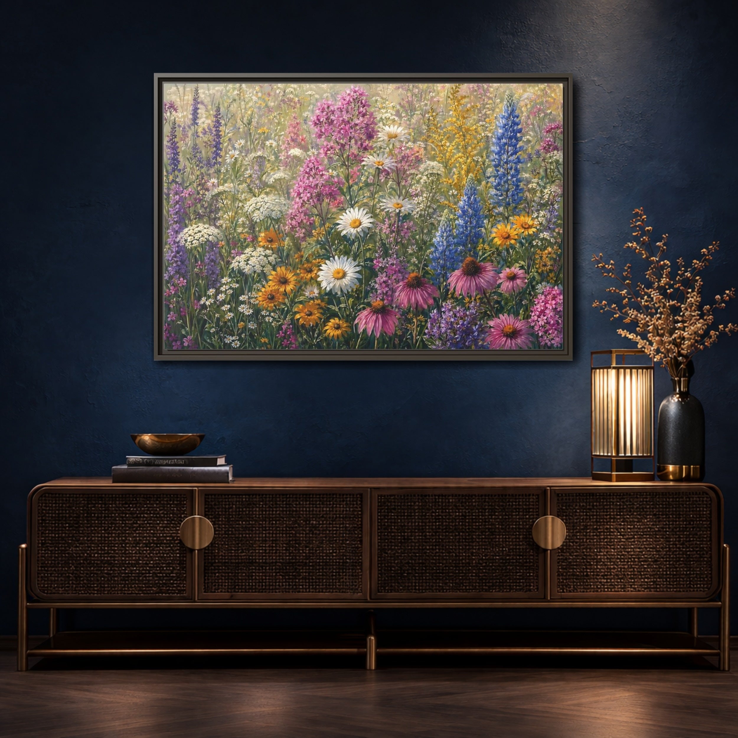 Mockup 4. Floral Wildflowers Colorful Wildflower Field shown as stretched canvas wall art