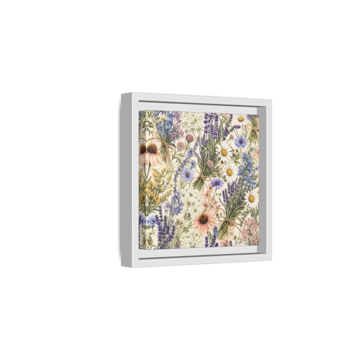 Side Mockup 1. Floral Wildflowers Pastel Wildflowers shown as stretched canvas wall art