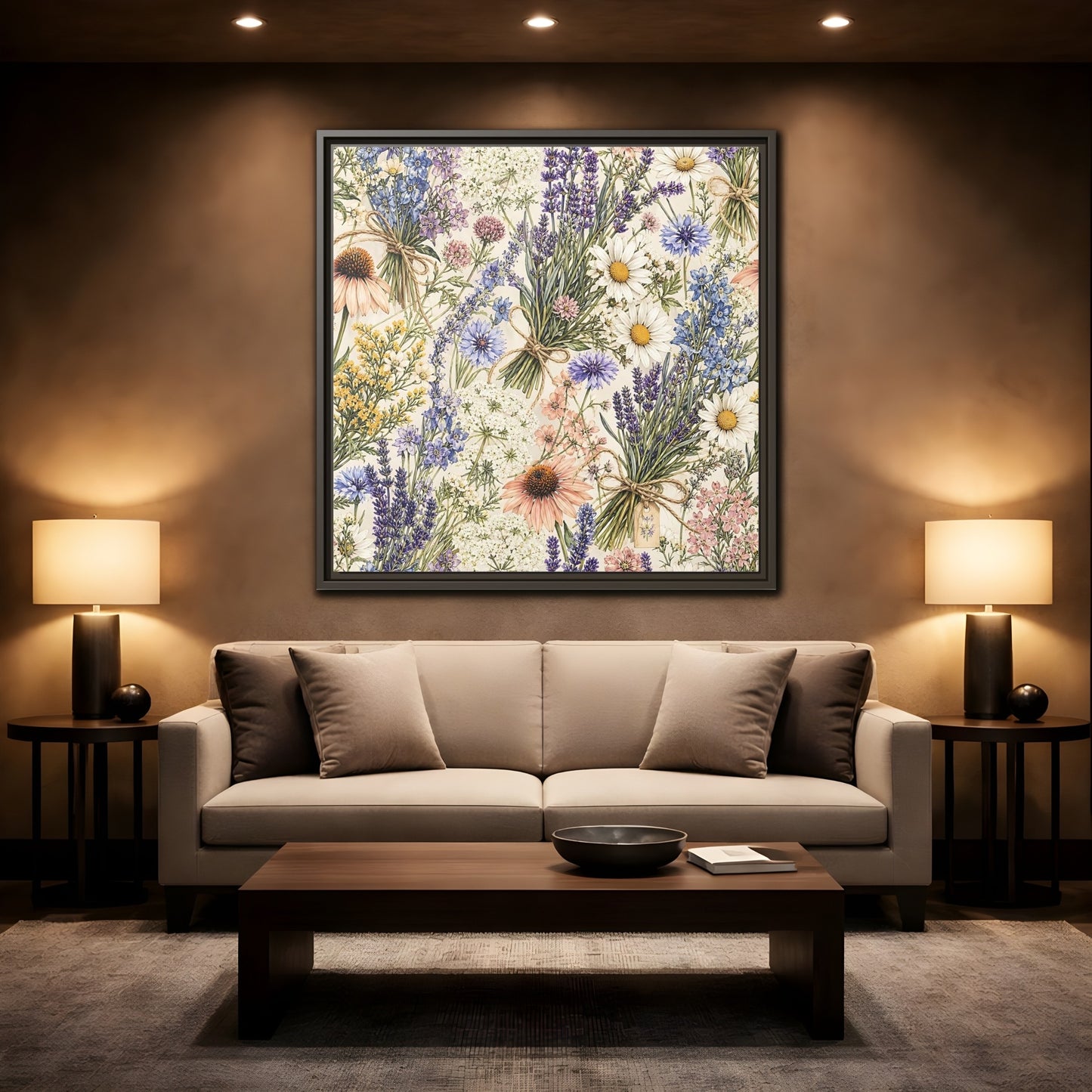 Mockup 2. Floral Wildflowers Pastel Wildflowers shown as stretched canvas wall art