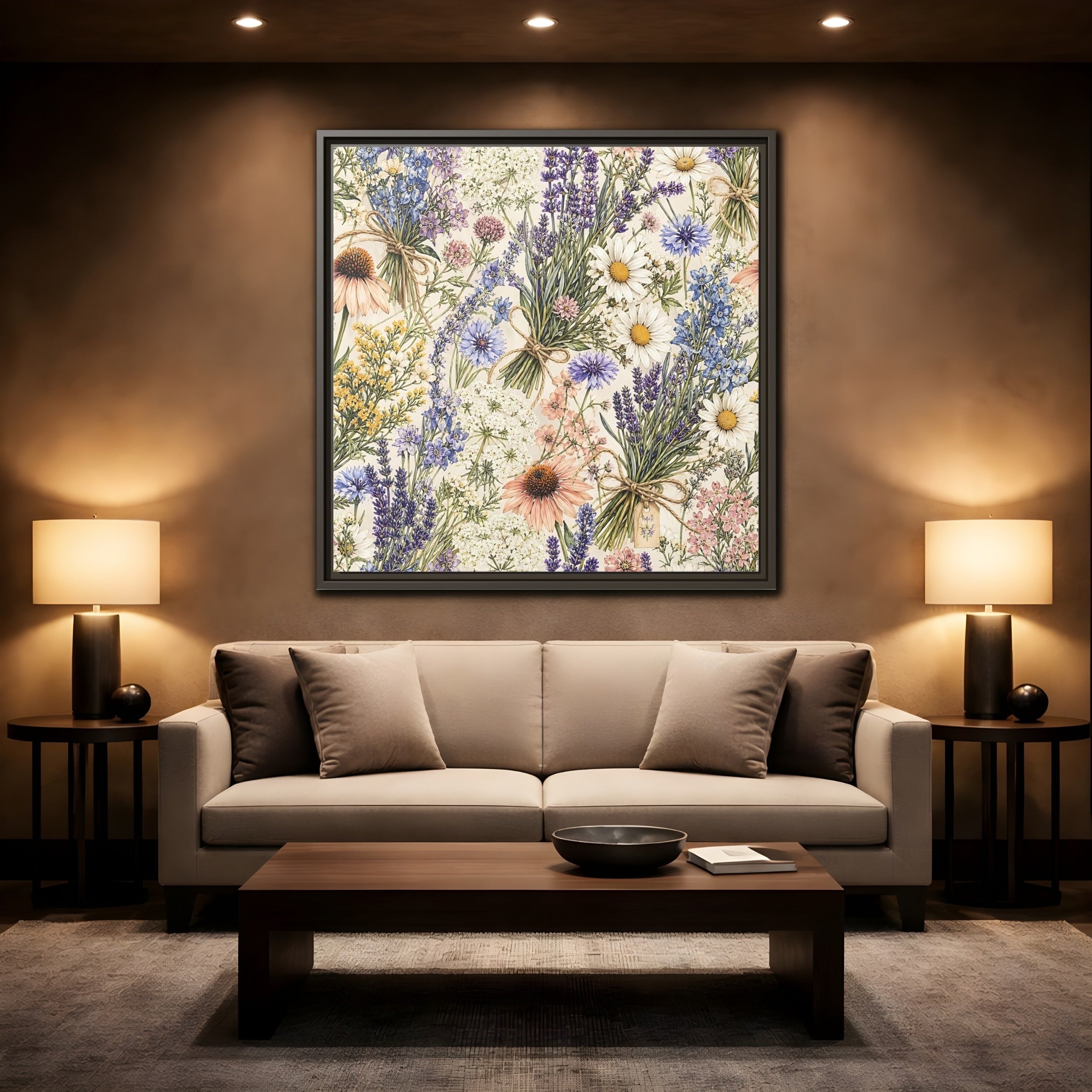 Mockup 2. Floral Wildflowers Pastel Wildflowers shown as stretched canvas wall art