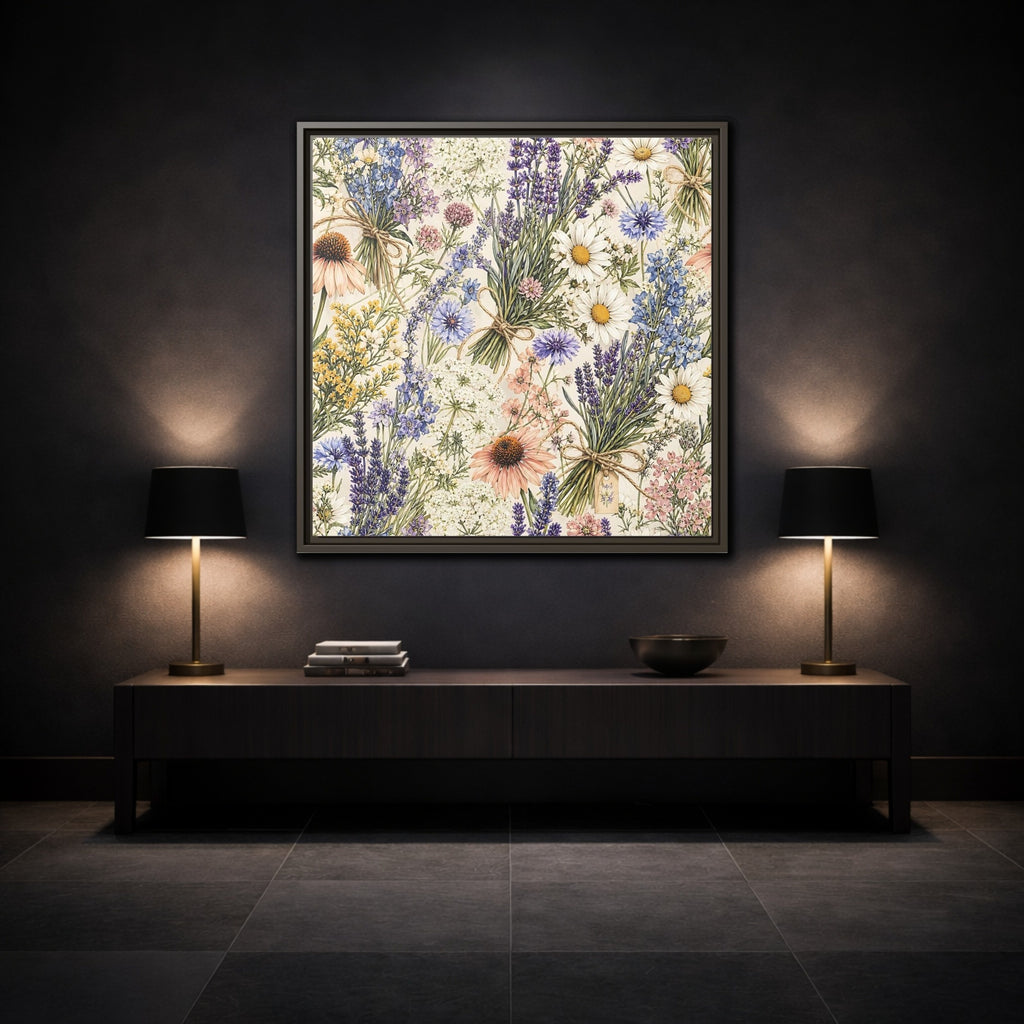 Mockup 3. Floral Wildflowers Pastel Wildflowers shown as stretched canvas wall art