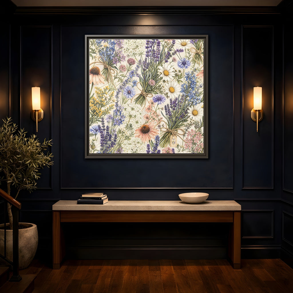 Mockup 4. Floral Wildflowers Pastel Wildflowers shown as stretched canvas wall art