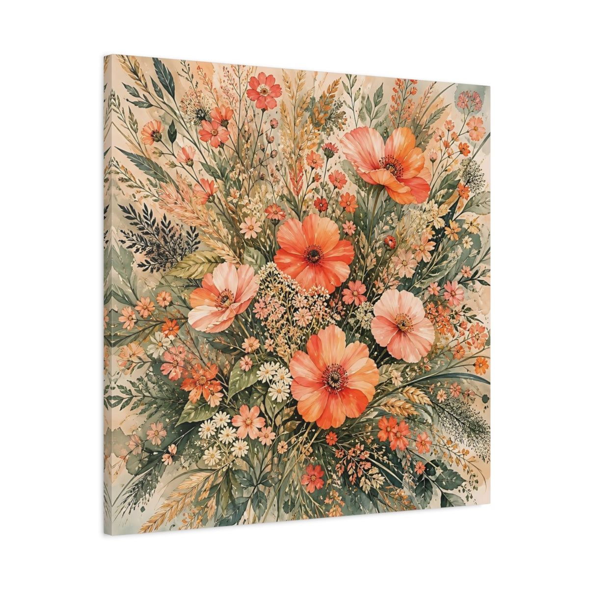 Side Mockup 3. Floral Wildflowers Peach Floral shown as stretched canvas wall art