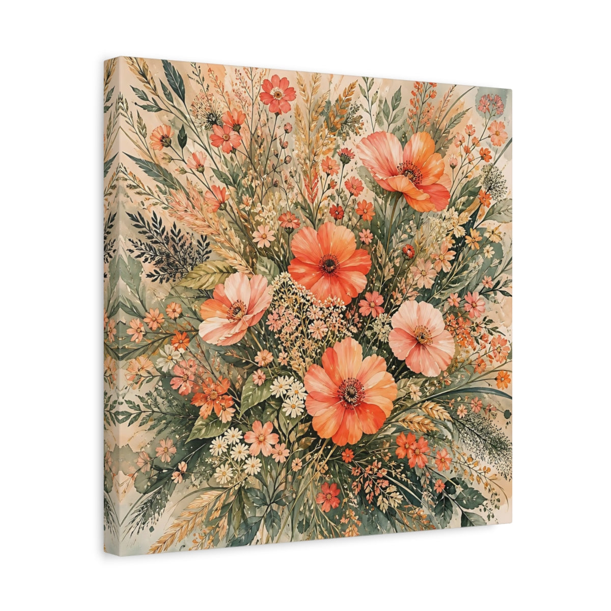 Side Mockup 6. Floral Wildflowers Peach Floral shown as stretched canvas wall art