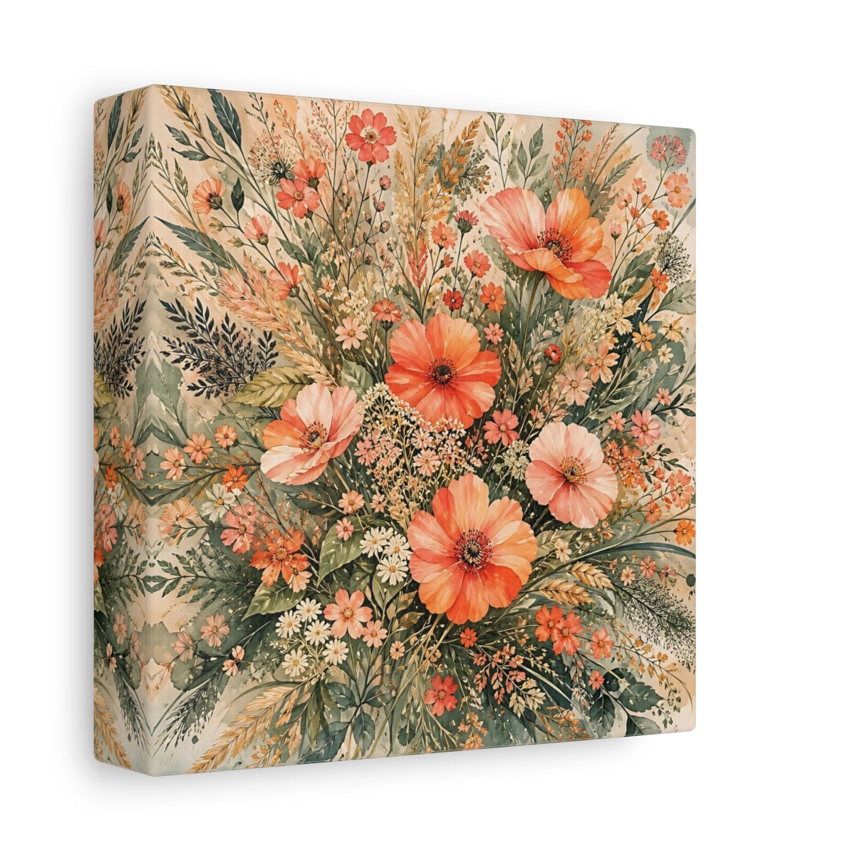Side Mockup 2. Floral Wildflowers Peach Floral shown as stretched canvas wall art