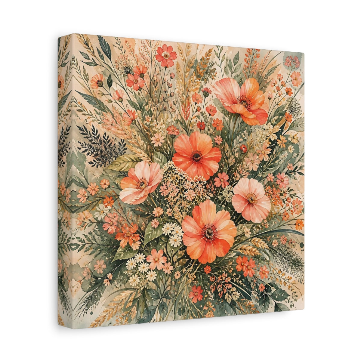 Side Mockup 9. Floral Wildflowers Peach Floral shown as stretched canvas wall art