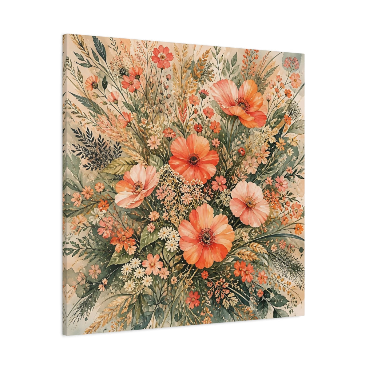 Side Mockup 1. Floral Wildflowers Peach Floral shown as stretched canvas wall art