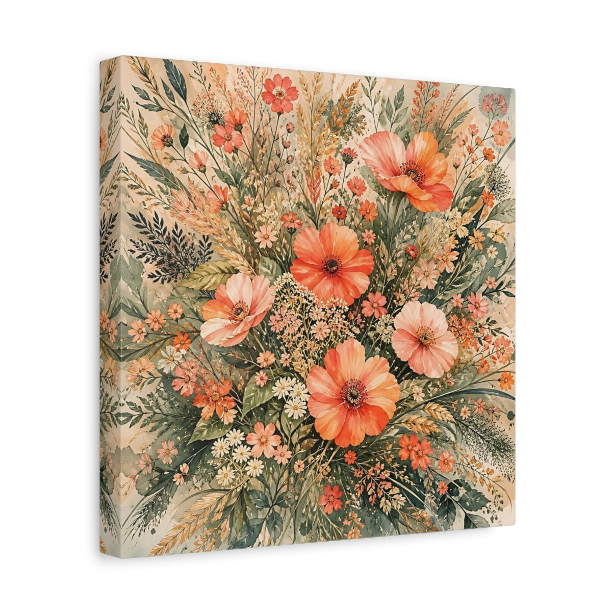 Side Mockup 8. Floral Wildflowers Peach Floral shown as stretched canvas wall art
