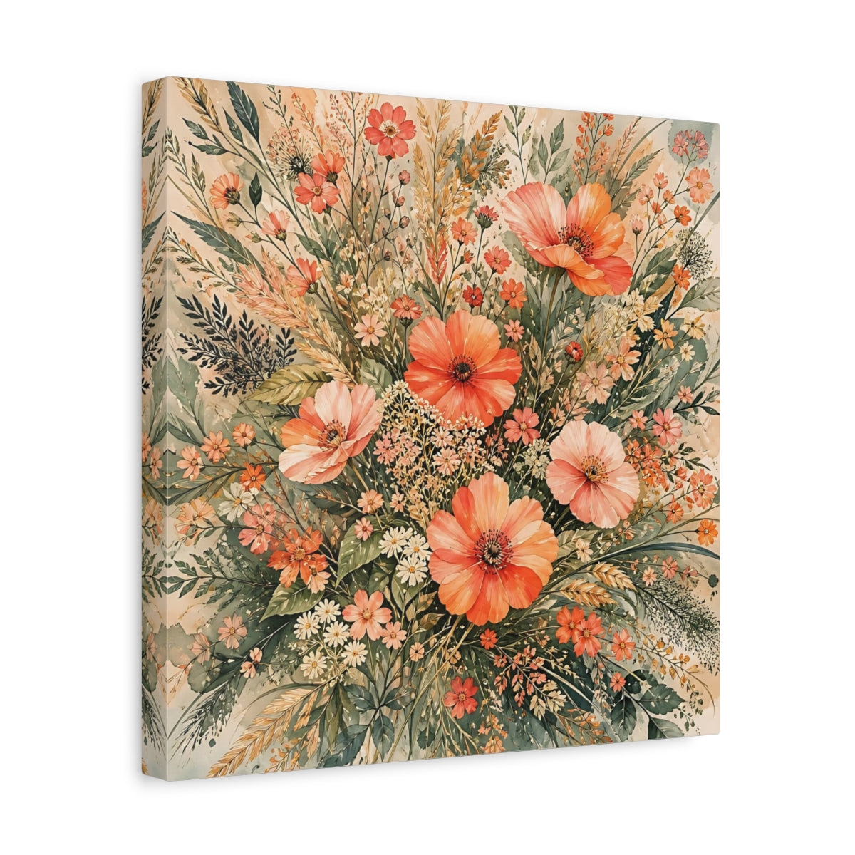 Side Mockup 7. Floral Wildflowers Peach Floral shown as stretched canvas wall art