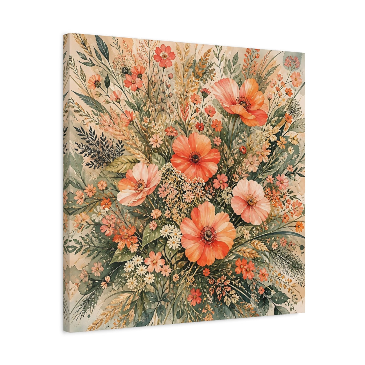 Side Mockup 4. Floral Wildflowers Peach Floral shown as stretched canvas wall art