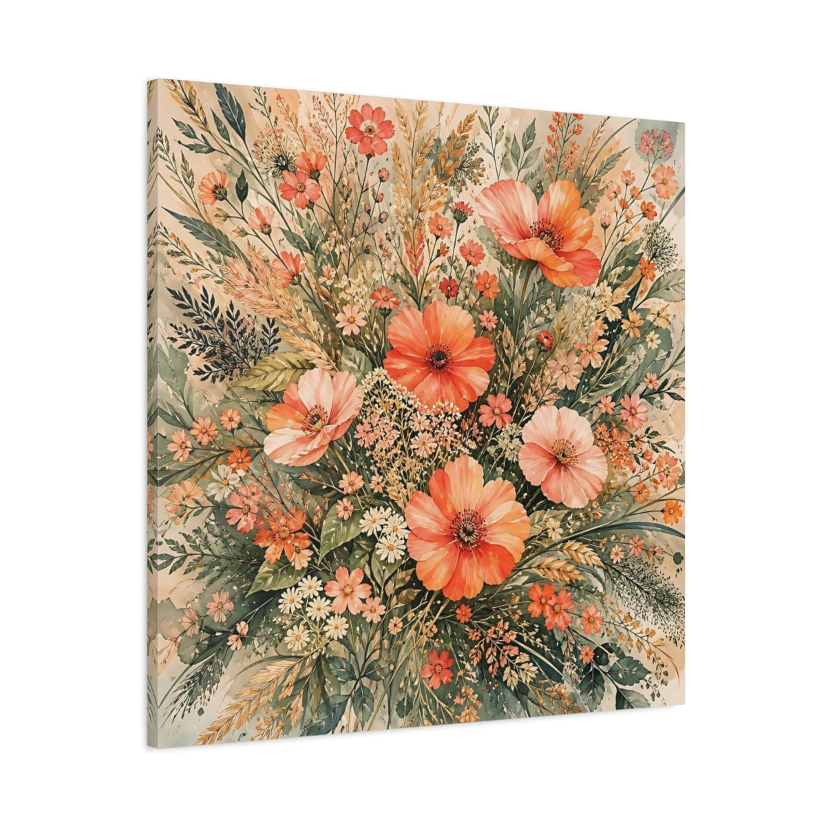 Main Mockup. Floral Wildflowers Peach Floral shown as stretched canvas wall art