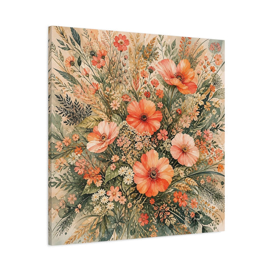 Main Mockup. Floral Wildflowers Peach Floral shown as stretched canvas wall art