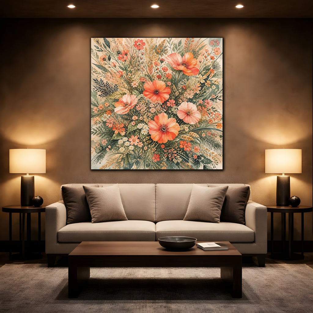 Mockup 2. Floral Wildflowers Peach Floral shown as stretched canvas wall art