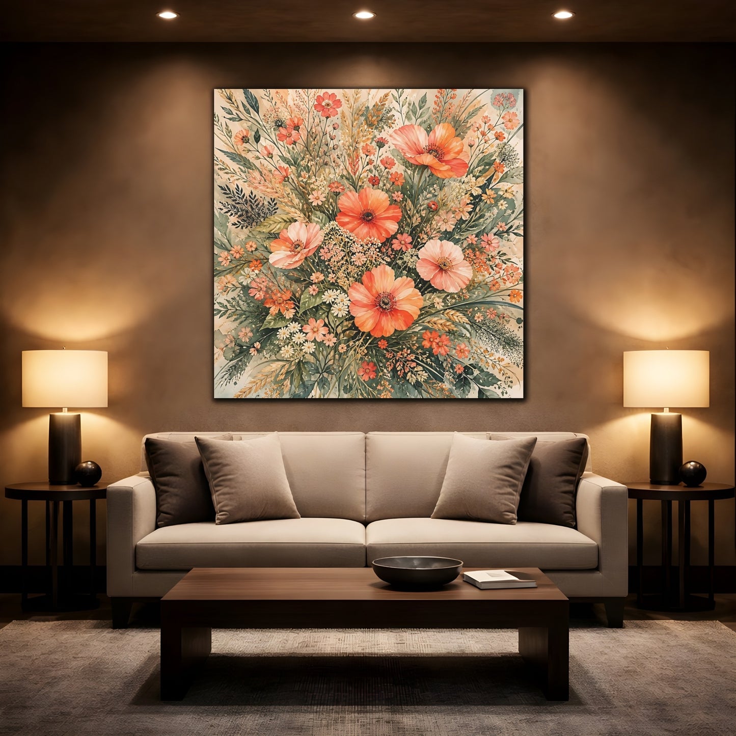 Mockup 2. Floral Wildflowers Peach Floral shown as stretched canvas wall art