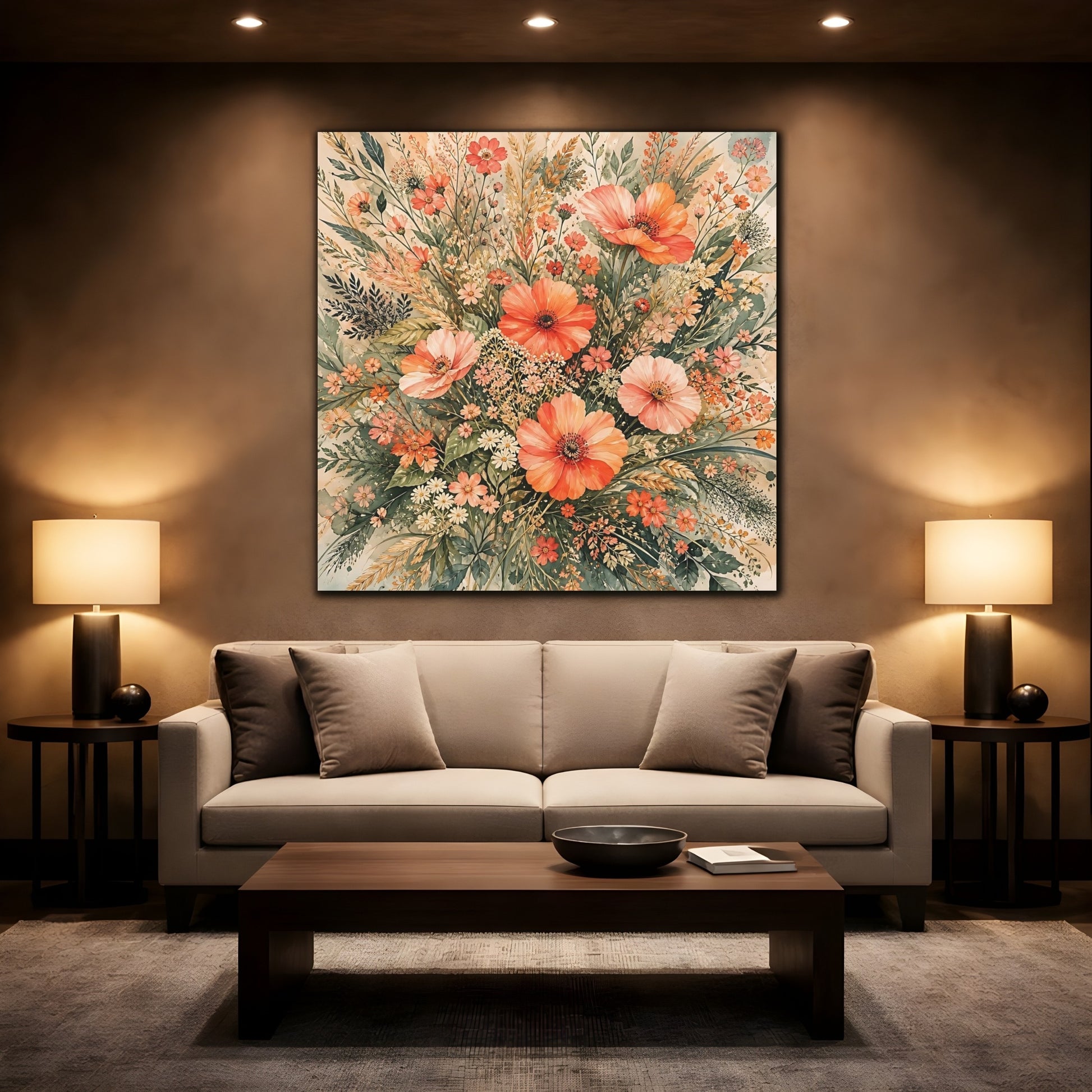 Mockup 2. Floral Wildflowers Peach Floral shown as stretched canvas wall art